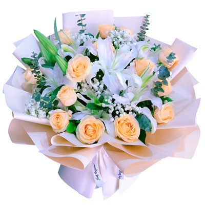 眉山16朵香槟玫瑰2支百合，爱的温暖和幸福