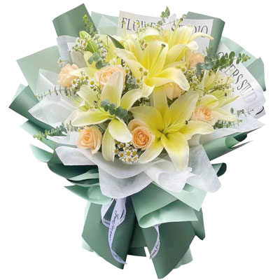 眉山9朵香槟玫瑰黄色百合，每天充满活力